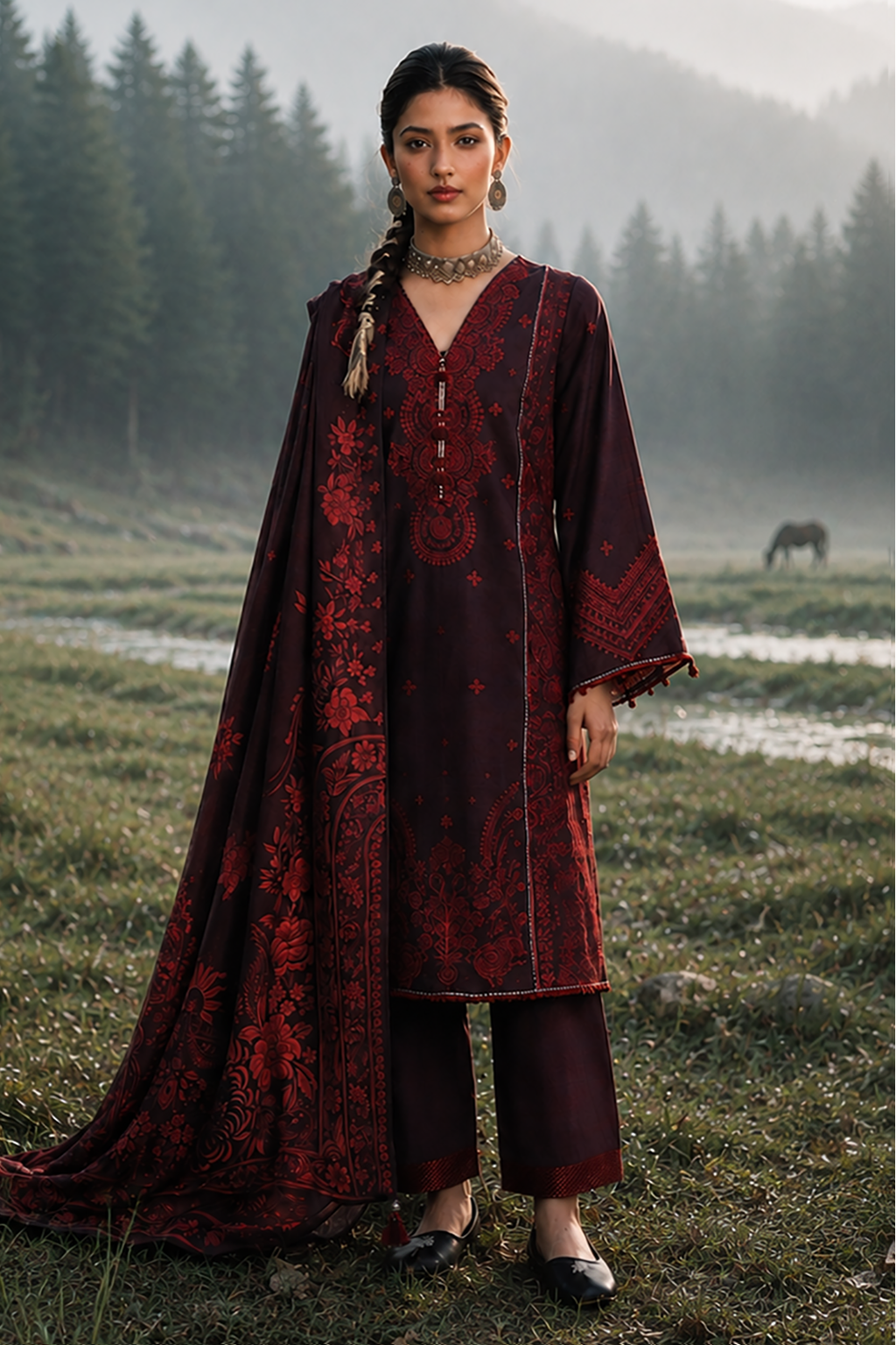 Embroidered Shirt Shalwar Shawl - 0340