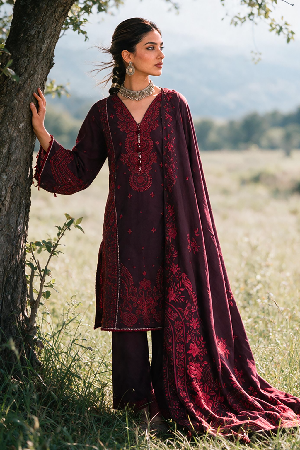Embroidered Shirt Shalwar Shawl - 0340