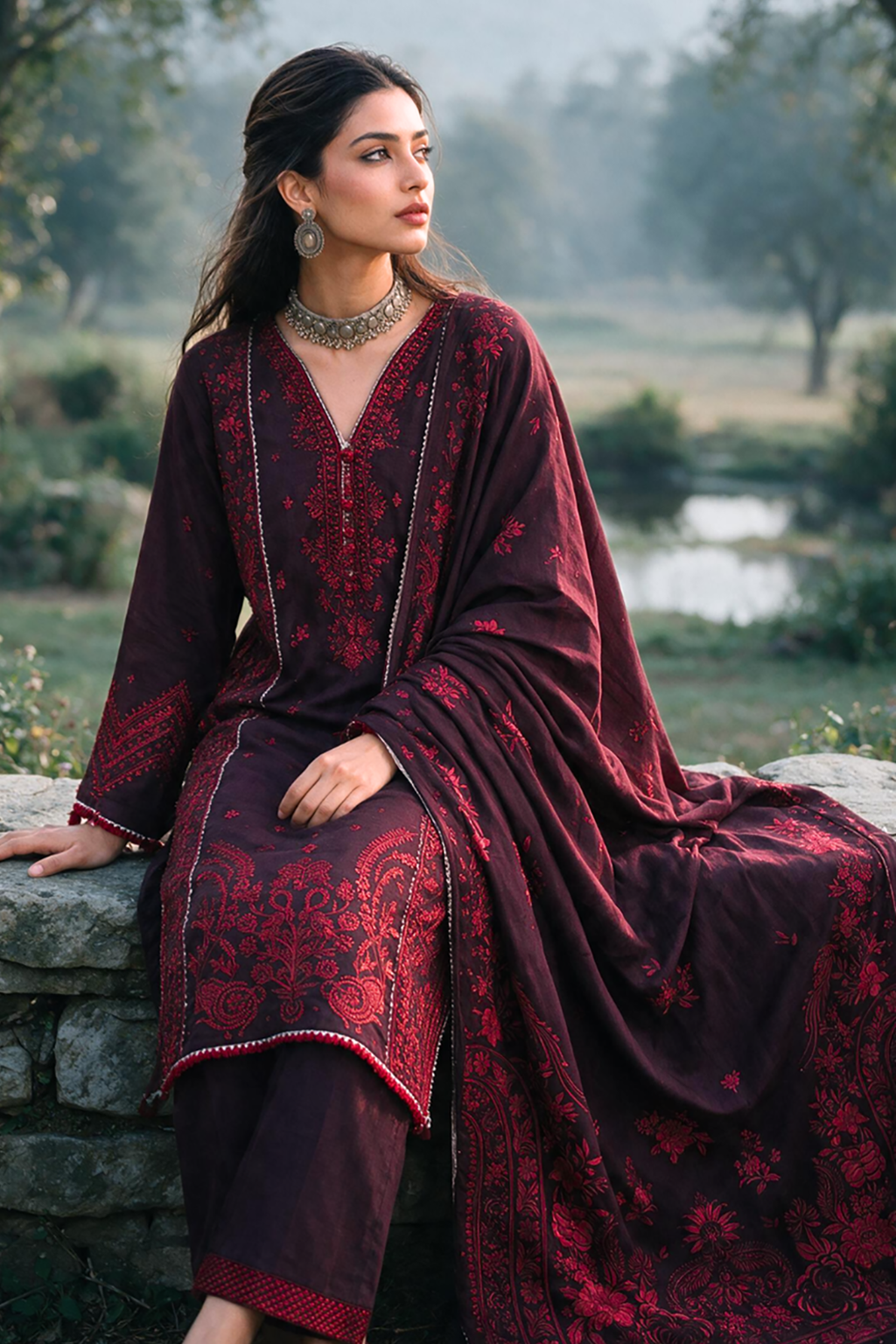 Embroidered Shirt Shalwar Shawl - 0340