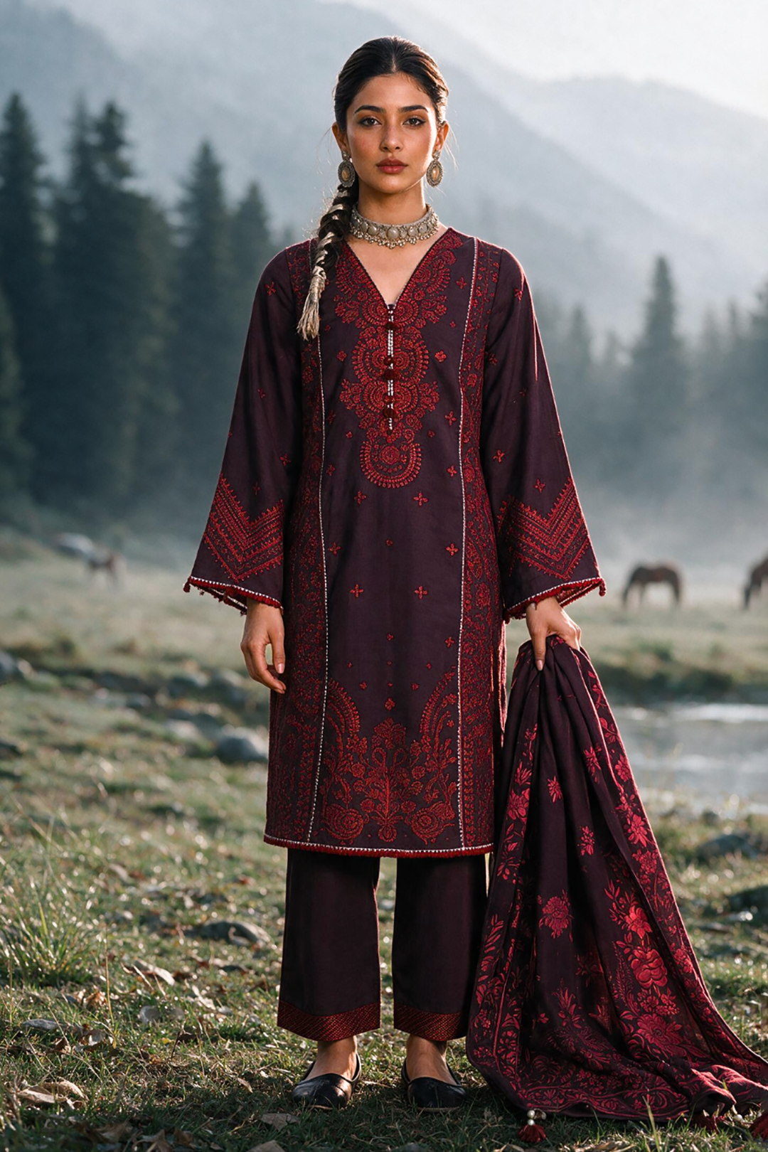 Embroidered Shirt Shalwar Shawl - 0340