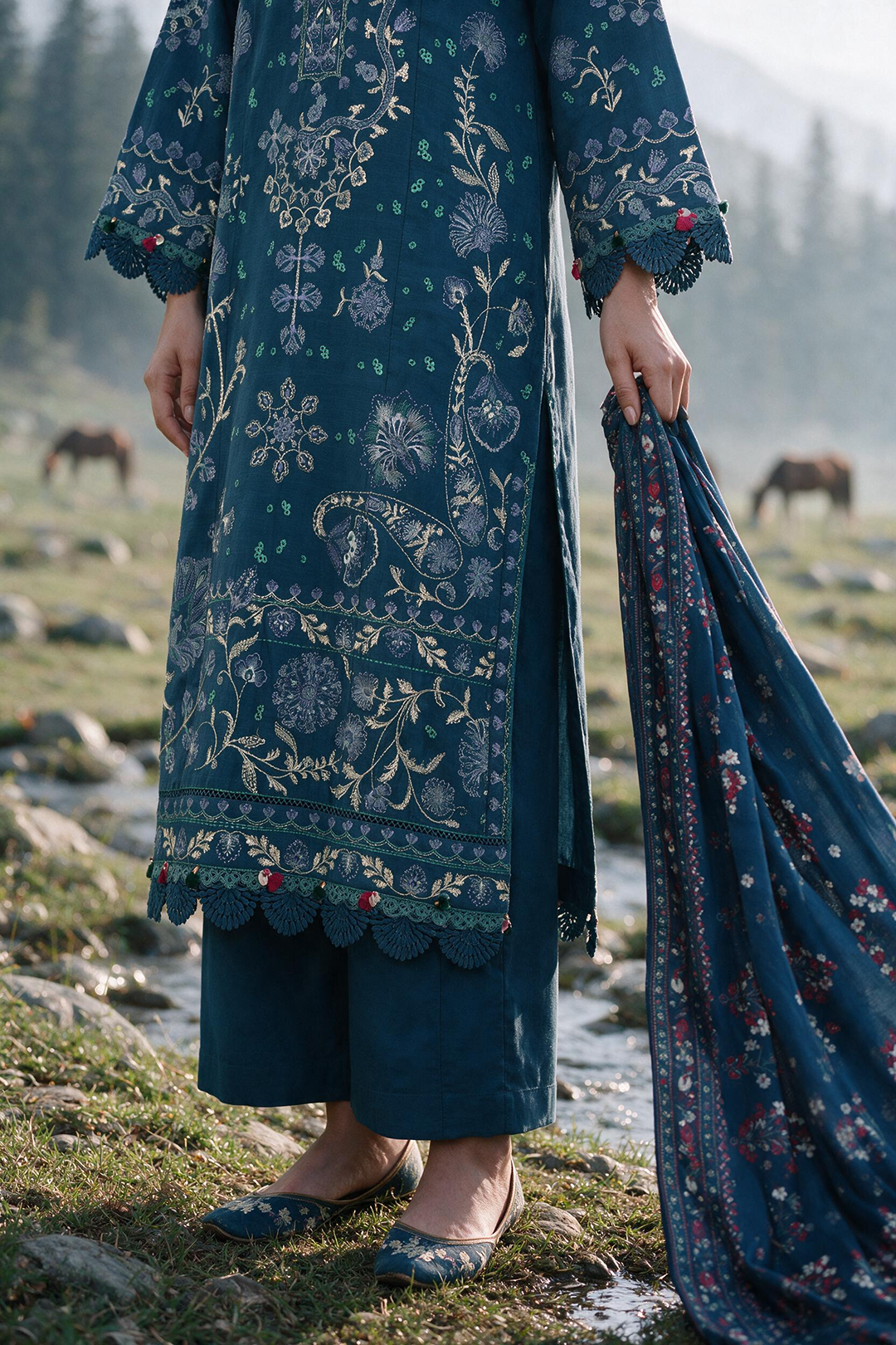 Embroidered Shirt Shalwar Shawl - 0342