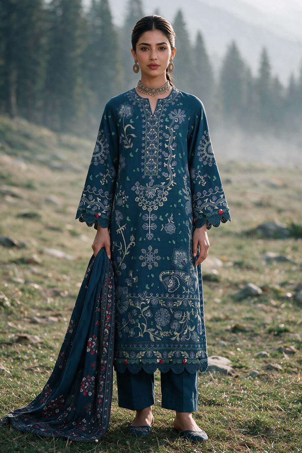 Embroidered Shirt Shalwar Shawl - 0342