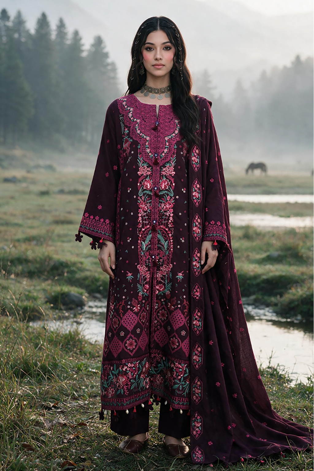 Embroidered Shirt Shalwar Shawl - 0344