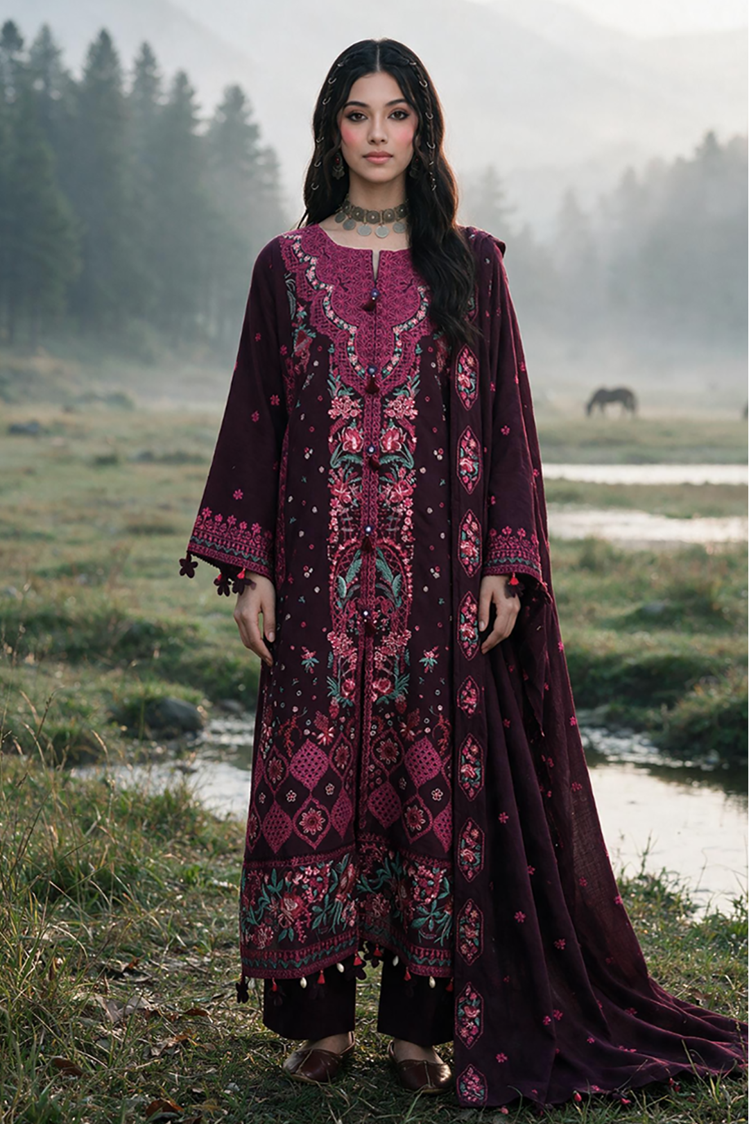 Embroidered Shirt Shalwar Shawl - 0344