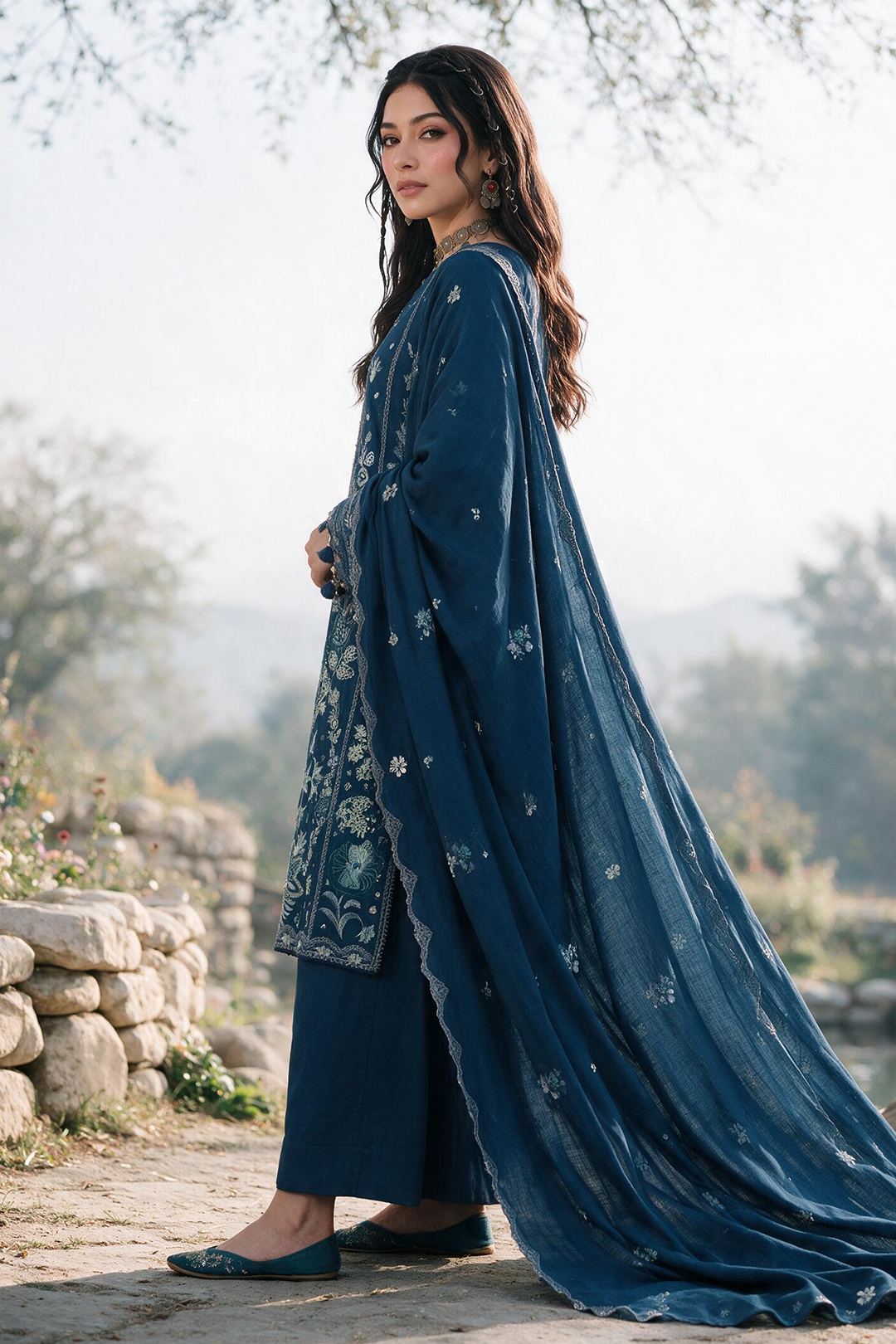 Embroidered Shirt Shalwar Shawl - 0345