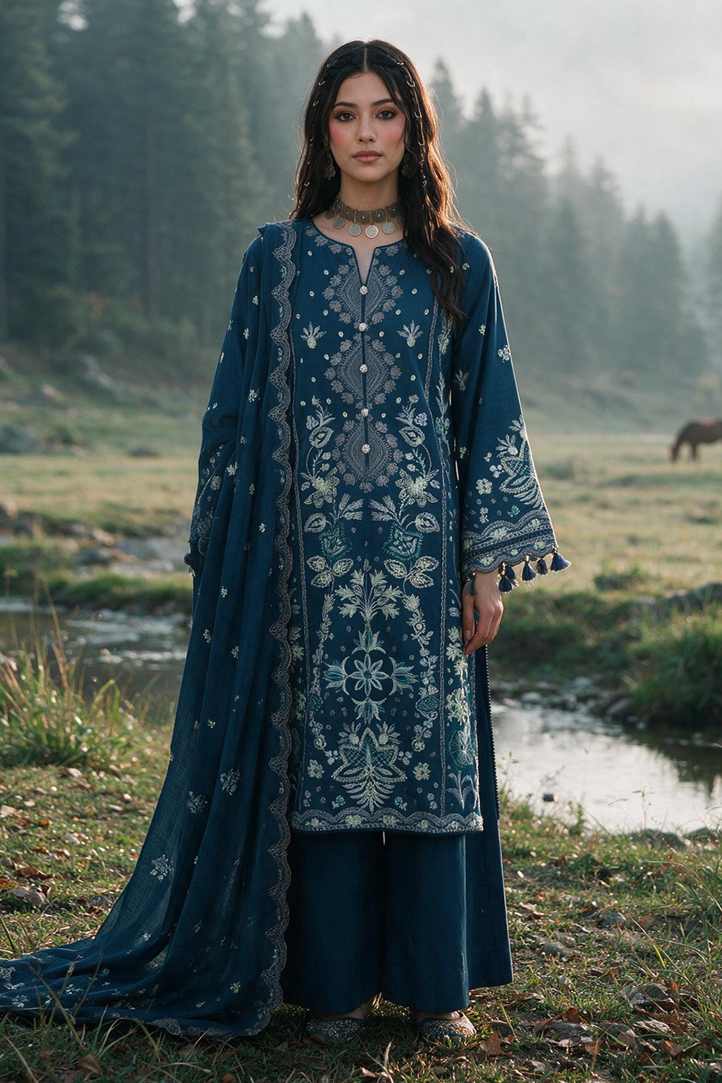 Embroidered Shirt Shalwar Shawl - 0345