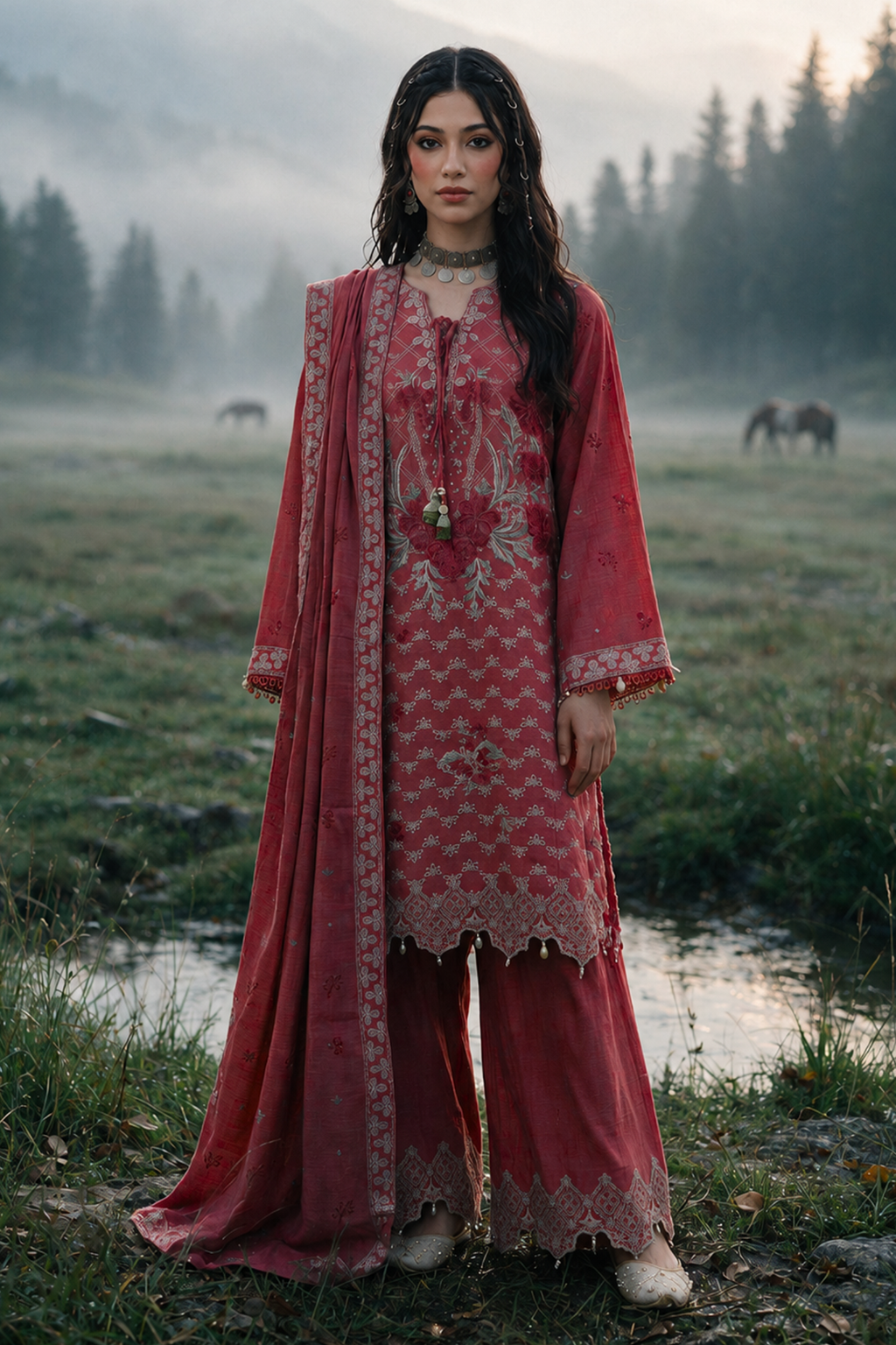 Embroidered Shirt Shalwar Shawl - 0346