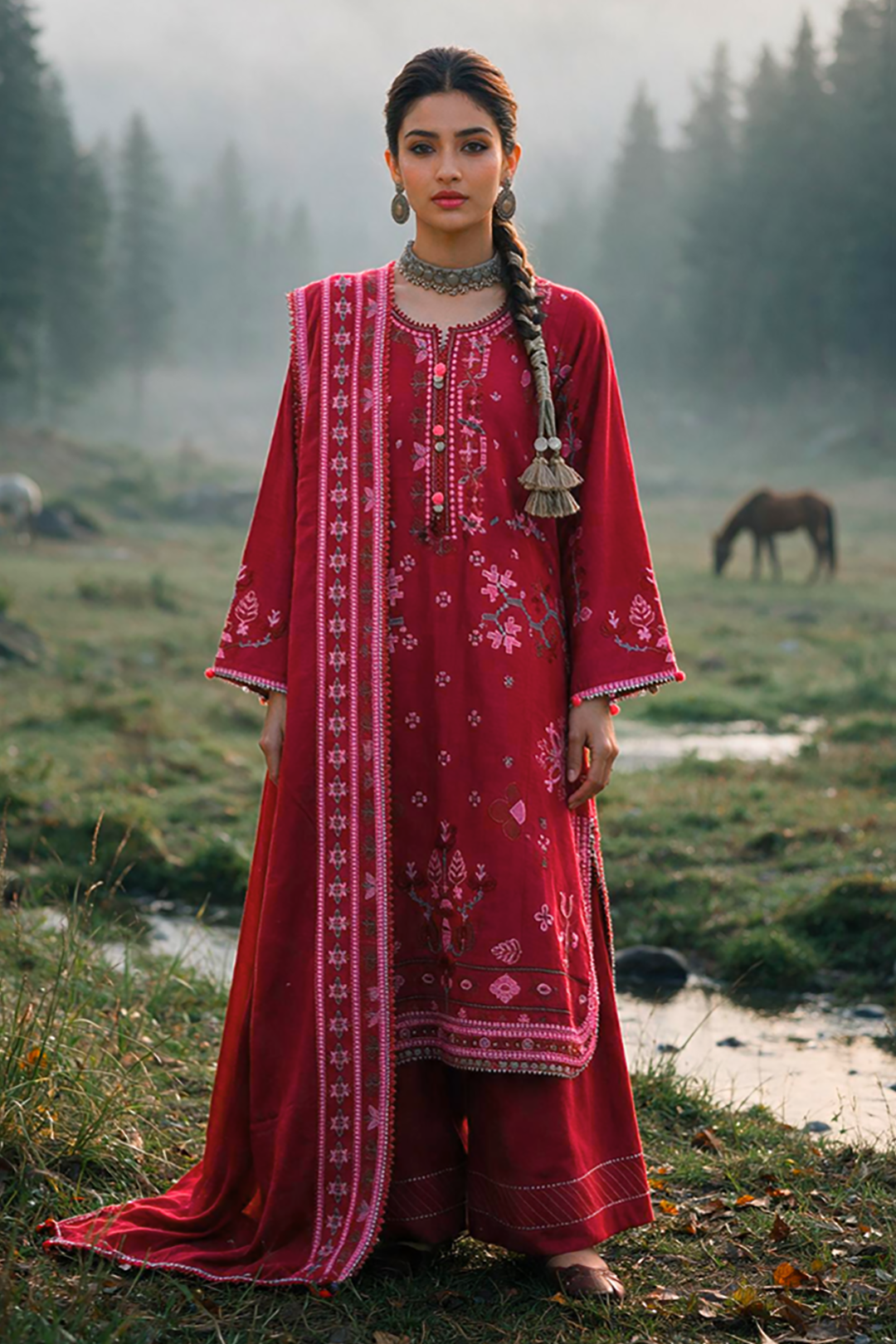 Embroidered Shirt Shalwar Shawl - 0347