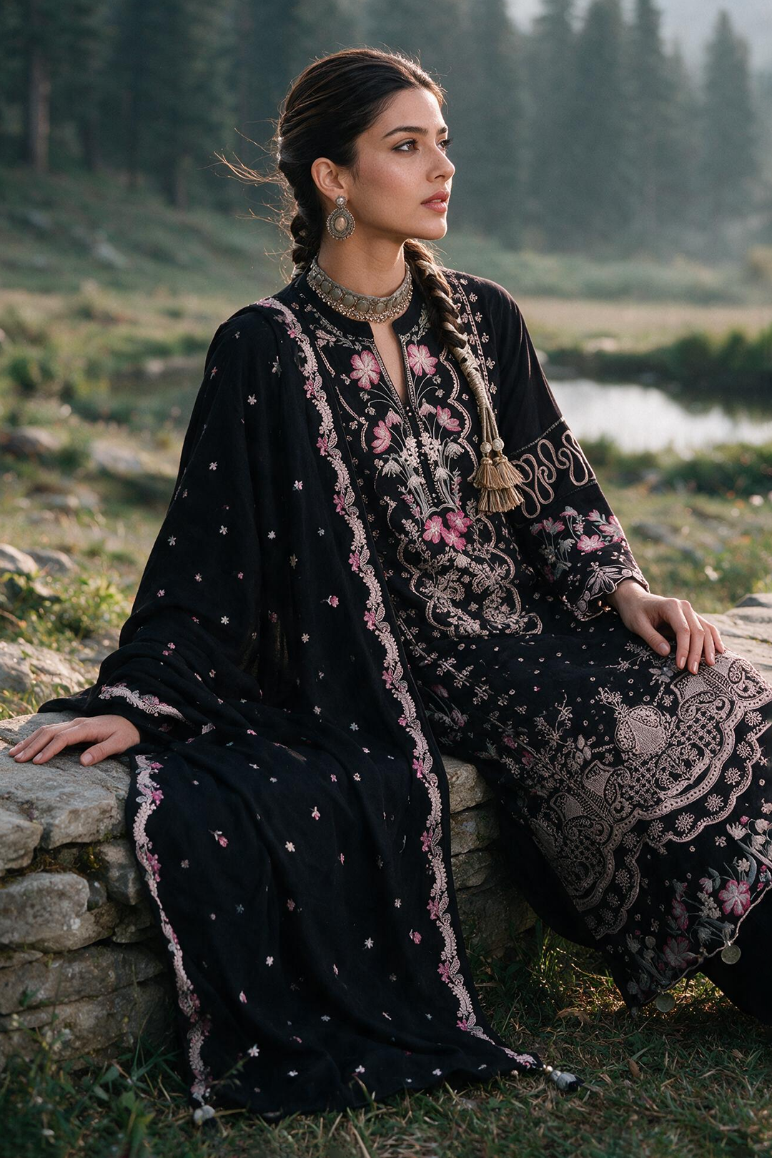 Embroidered Shirt Shalwar Shawl - 0348