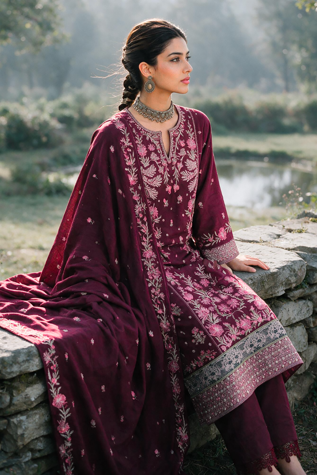 Embroidered Shirt Shalwar Shawl - 0349