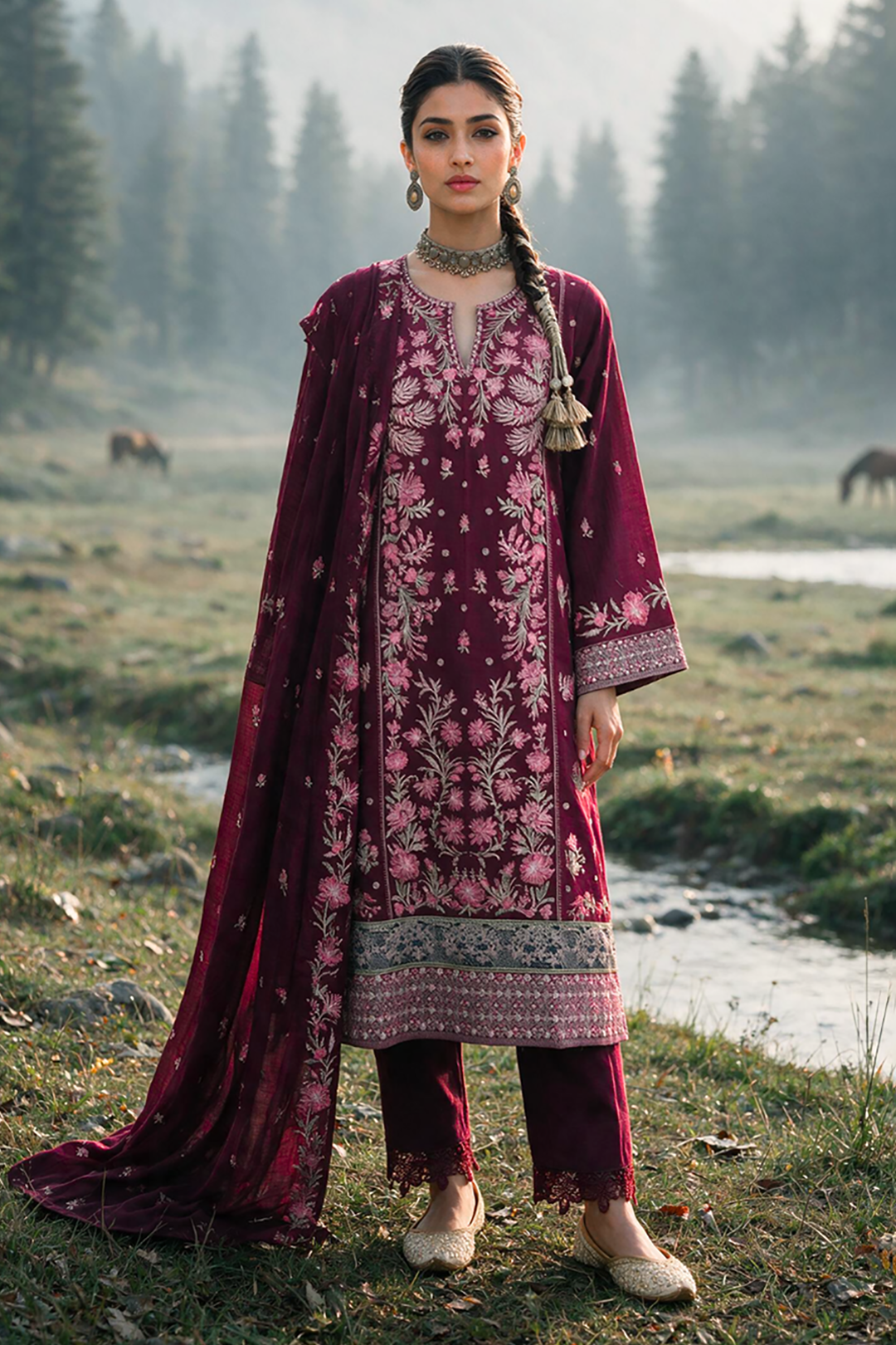 Embroidered Shirt Shalwar Shawl - 0349