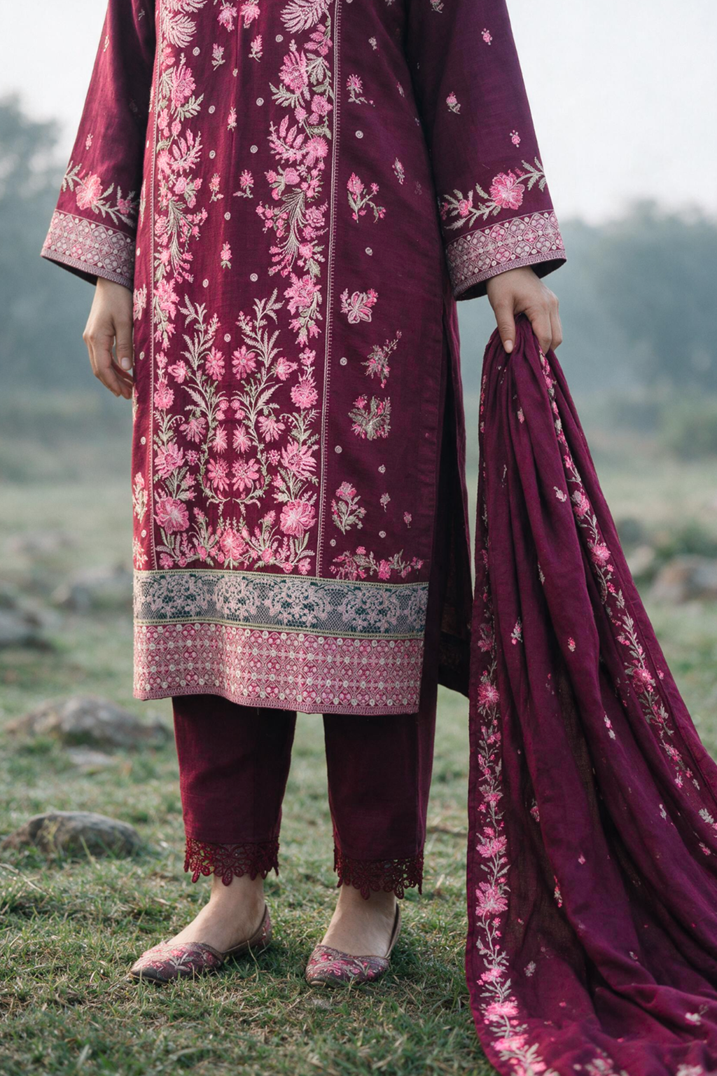 Embroidered Shirt Shalwar Shawl - 0349