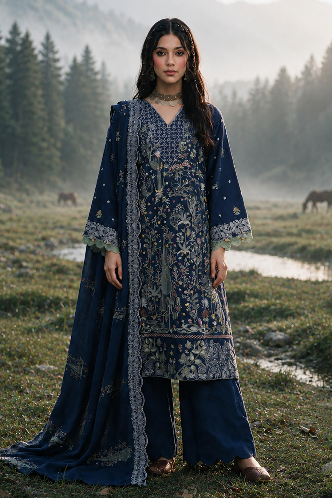 Embroidered Shirt Shalwar Shawl - 0350
