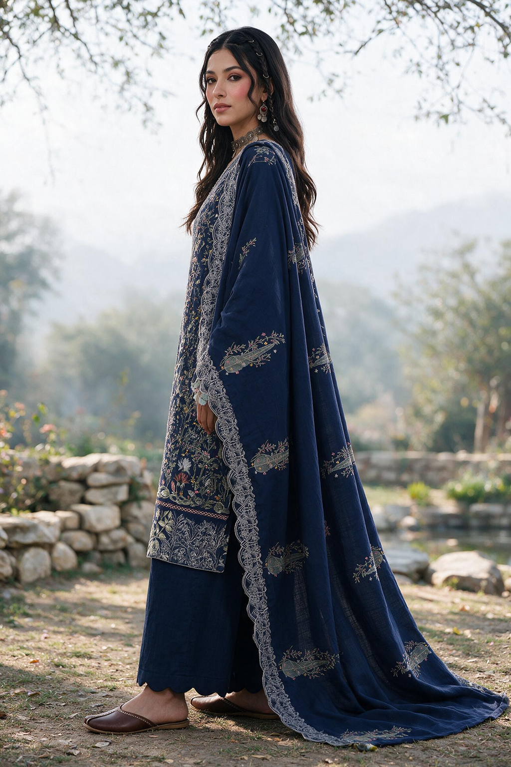 Embroidered Shirt Shalwar Shawl - 0350