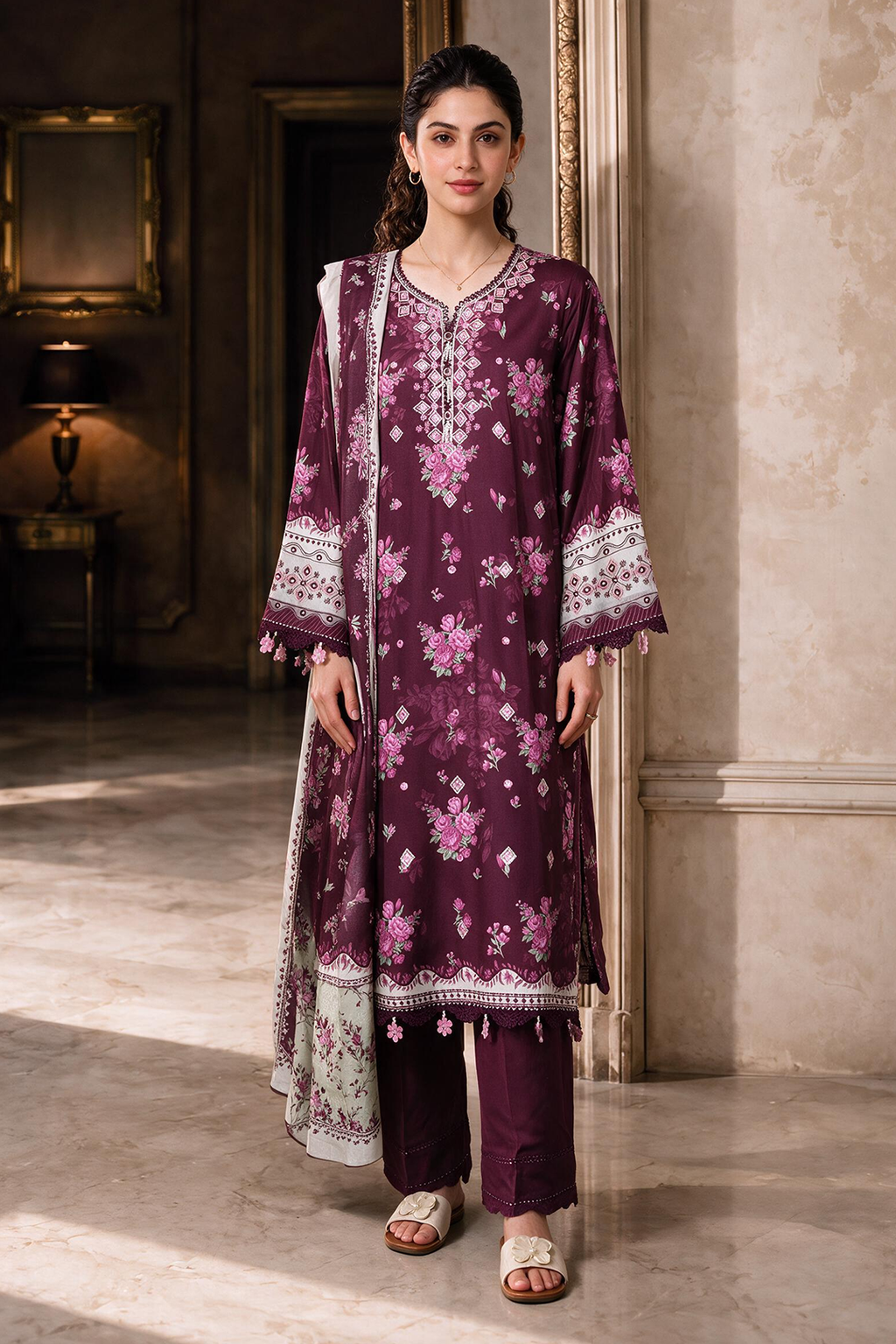 Embroidered Shirt Shalwar Shawl - 0465