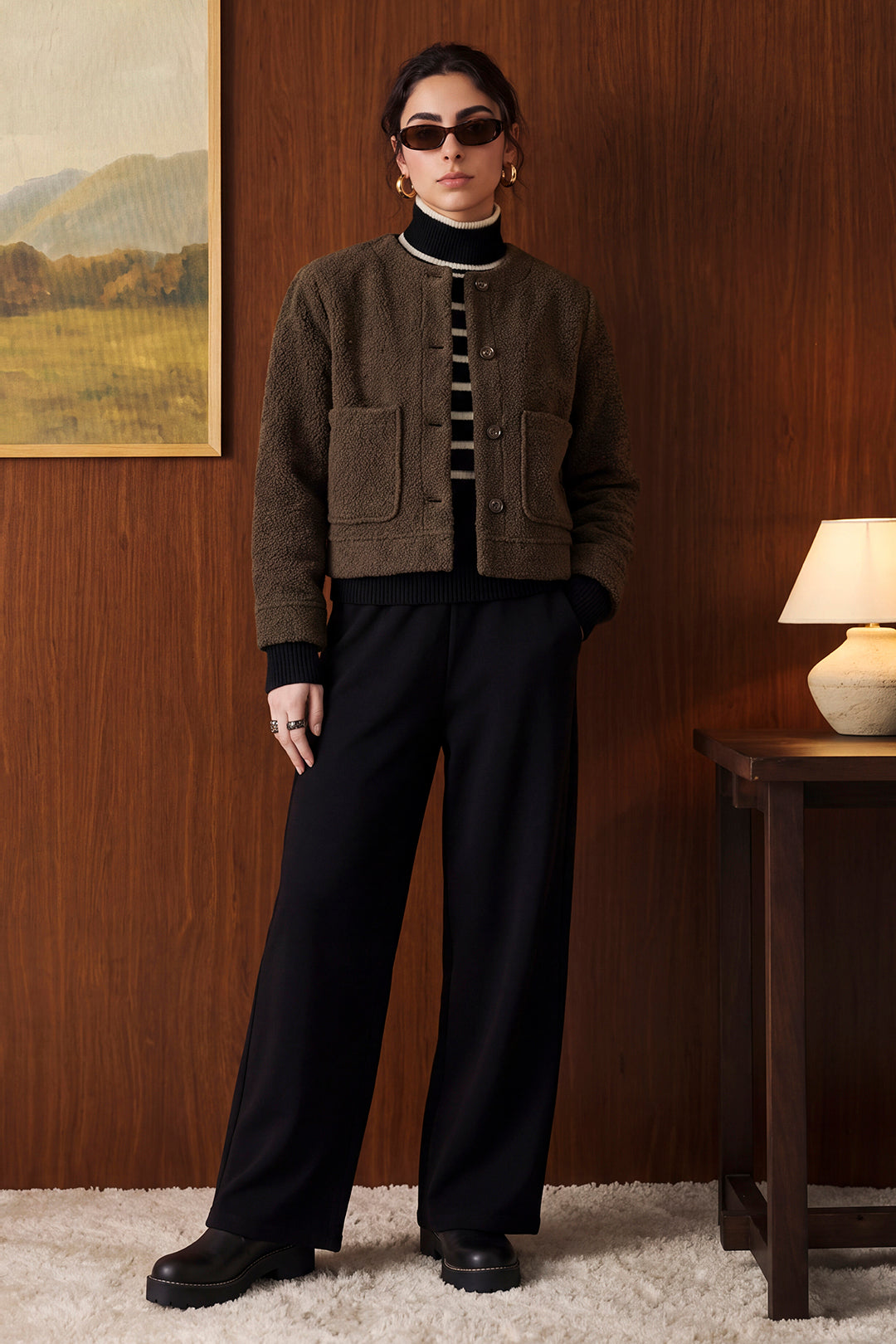 Cropped Crew Neck Sherpa Jacket - 1103