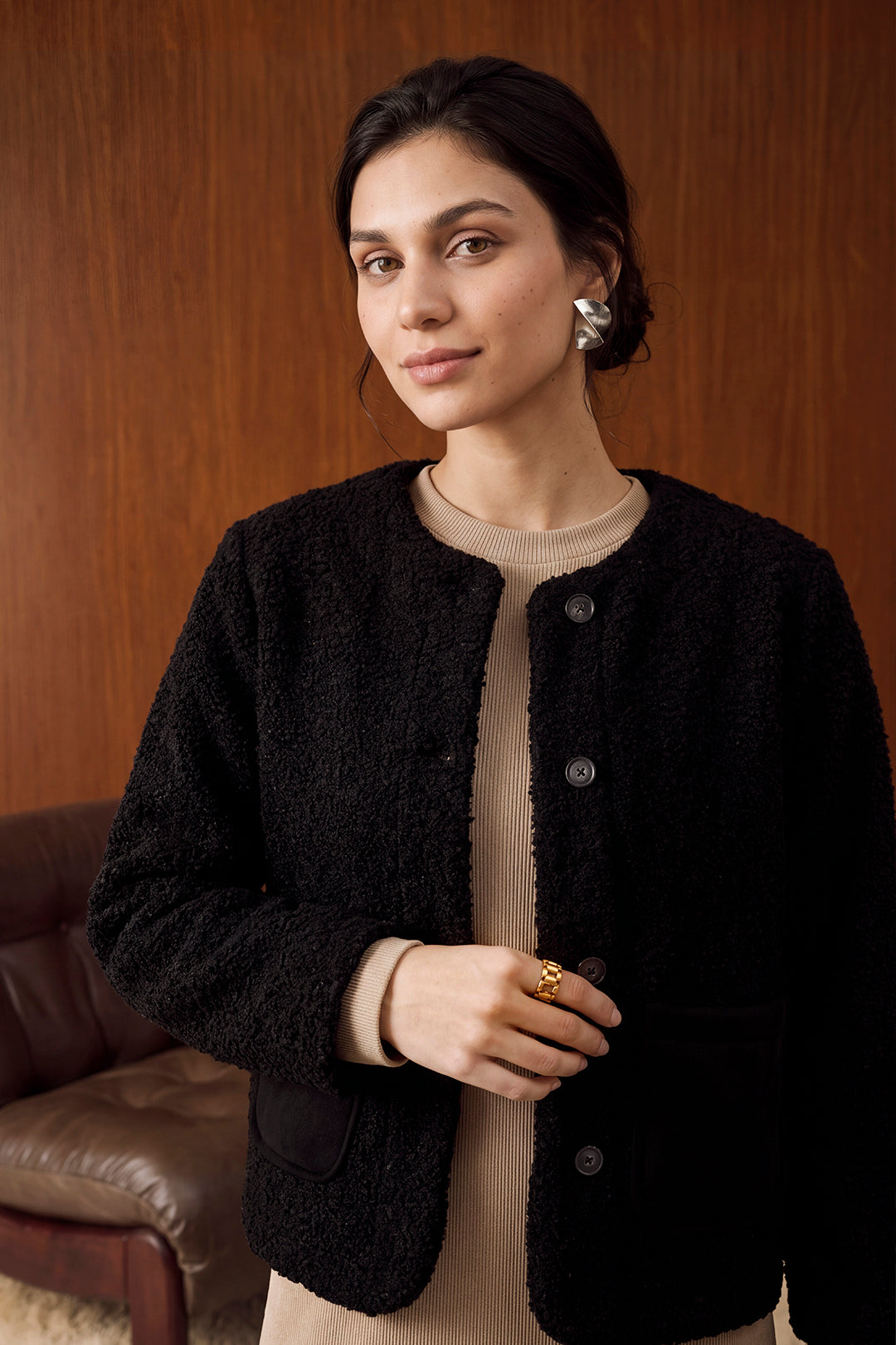 Cropped Crew Neck Sherpa Jacket - 1104