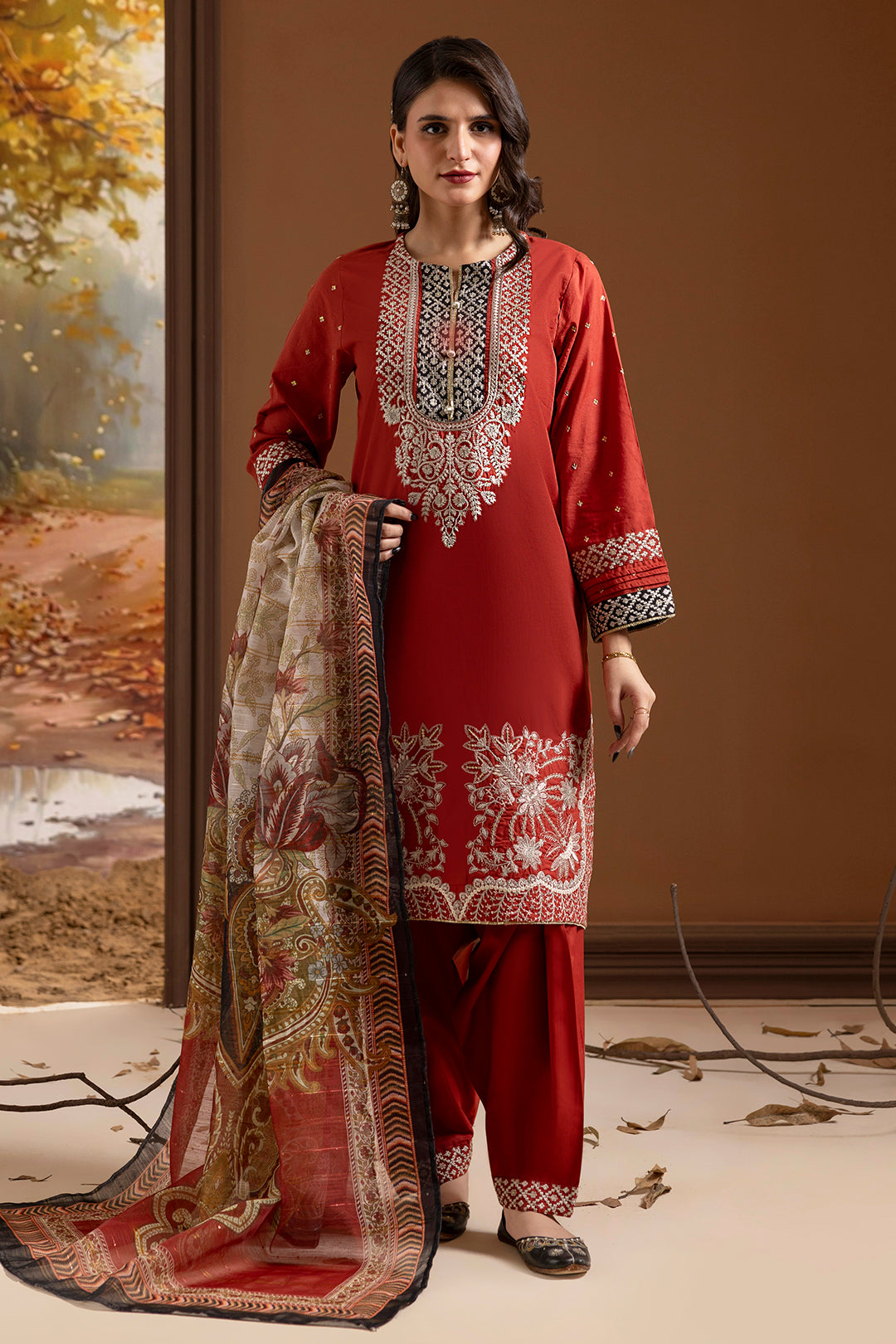 Embroidered Kurta Dupatta Trouser - 2136